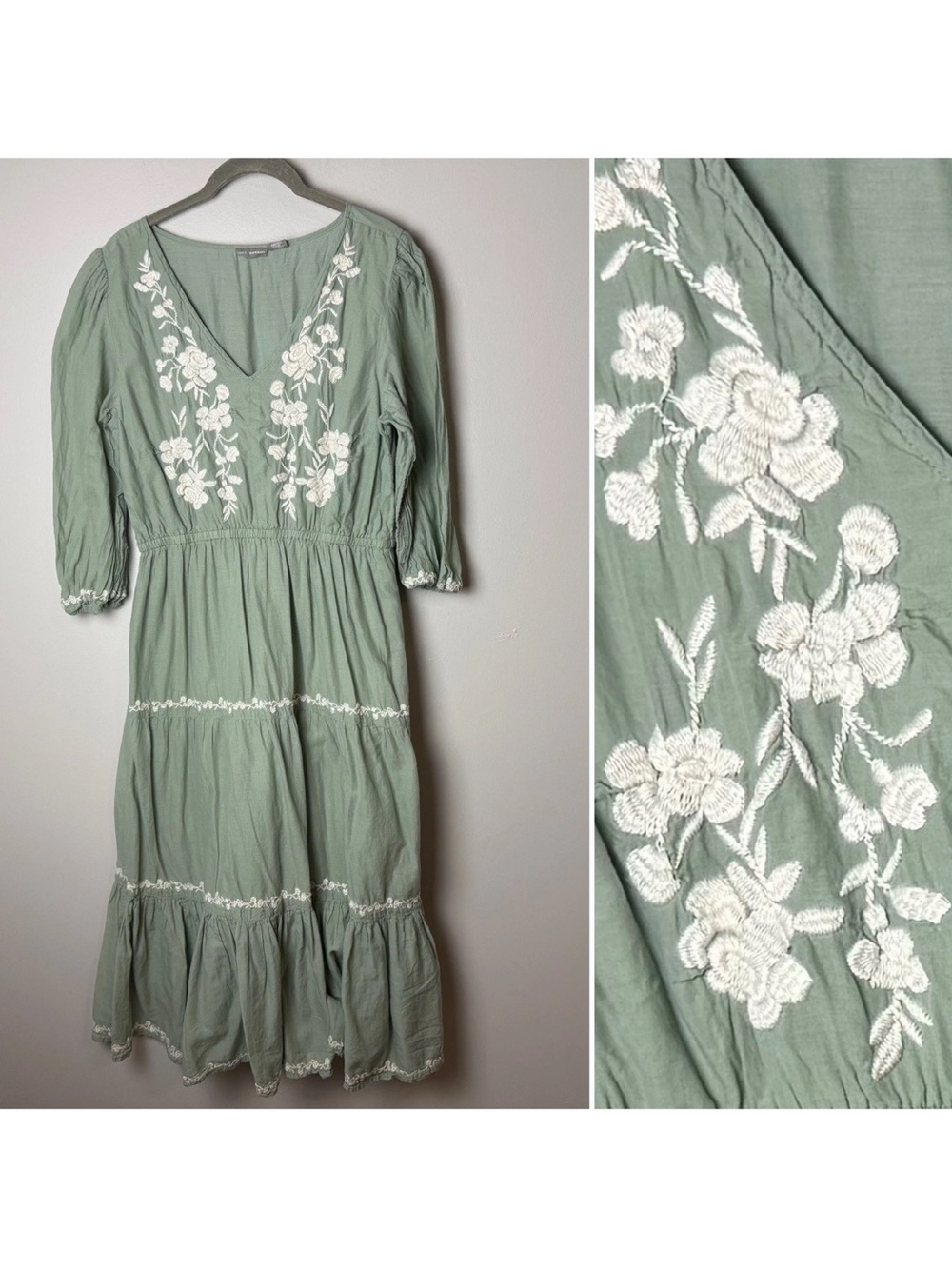 Lucky Brand Dress Size Medium Green Embroidered Floral Midi Boho Peasant Cotton
